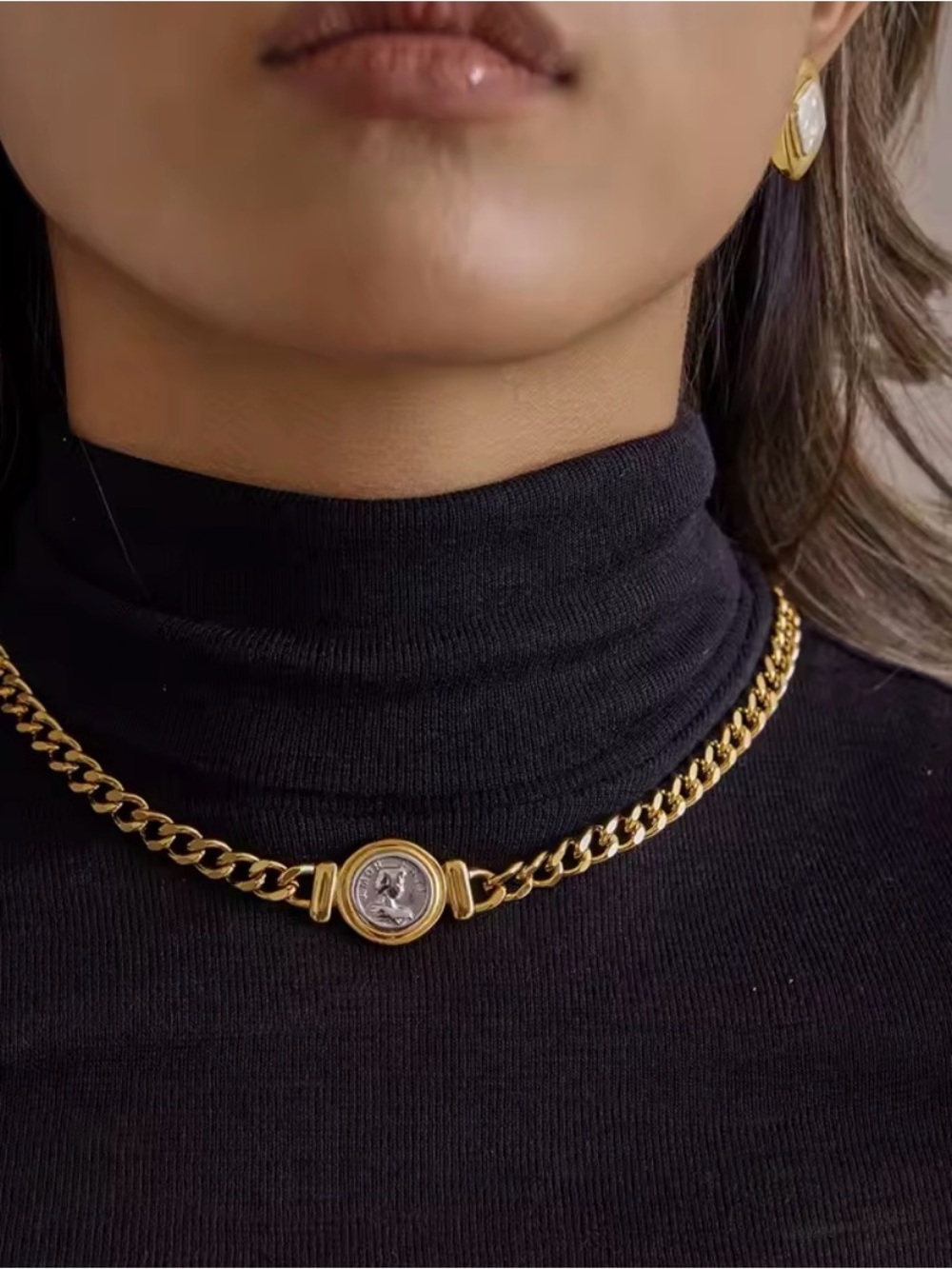 Cuban Chain Two-Tone Coin Link Necklace in Gold and Silver